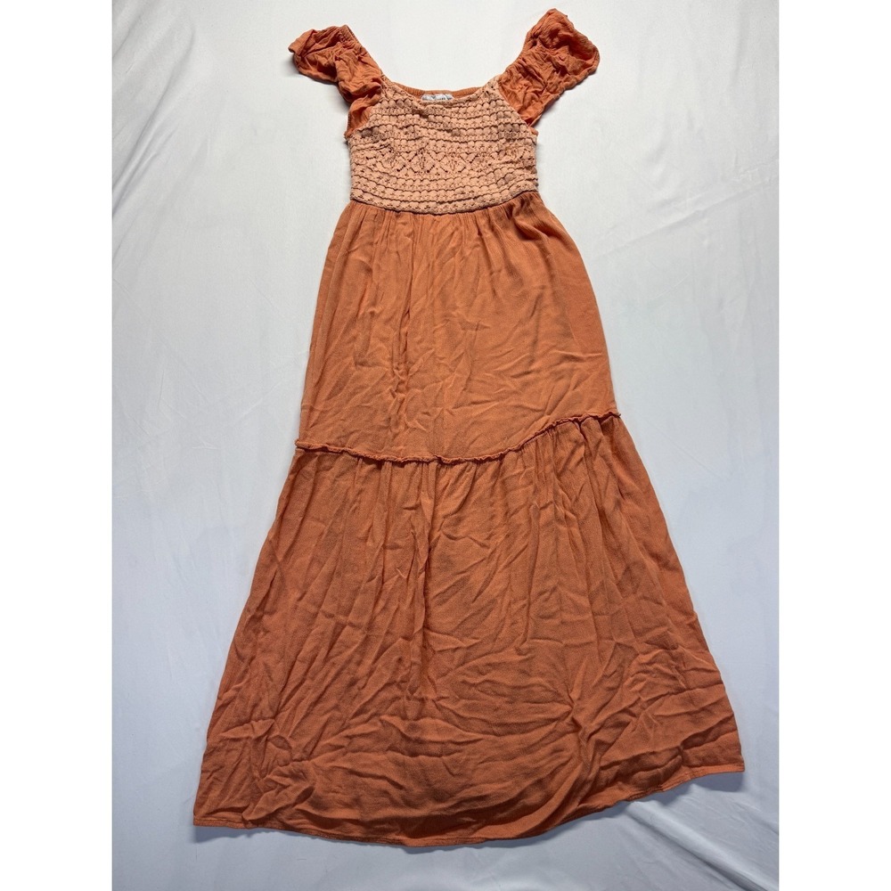 Sincerely Jules Tiered Maxi Dress Women XS Rust Orange Crochet Bodice Cap Sleeve